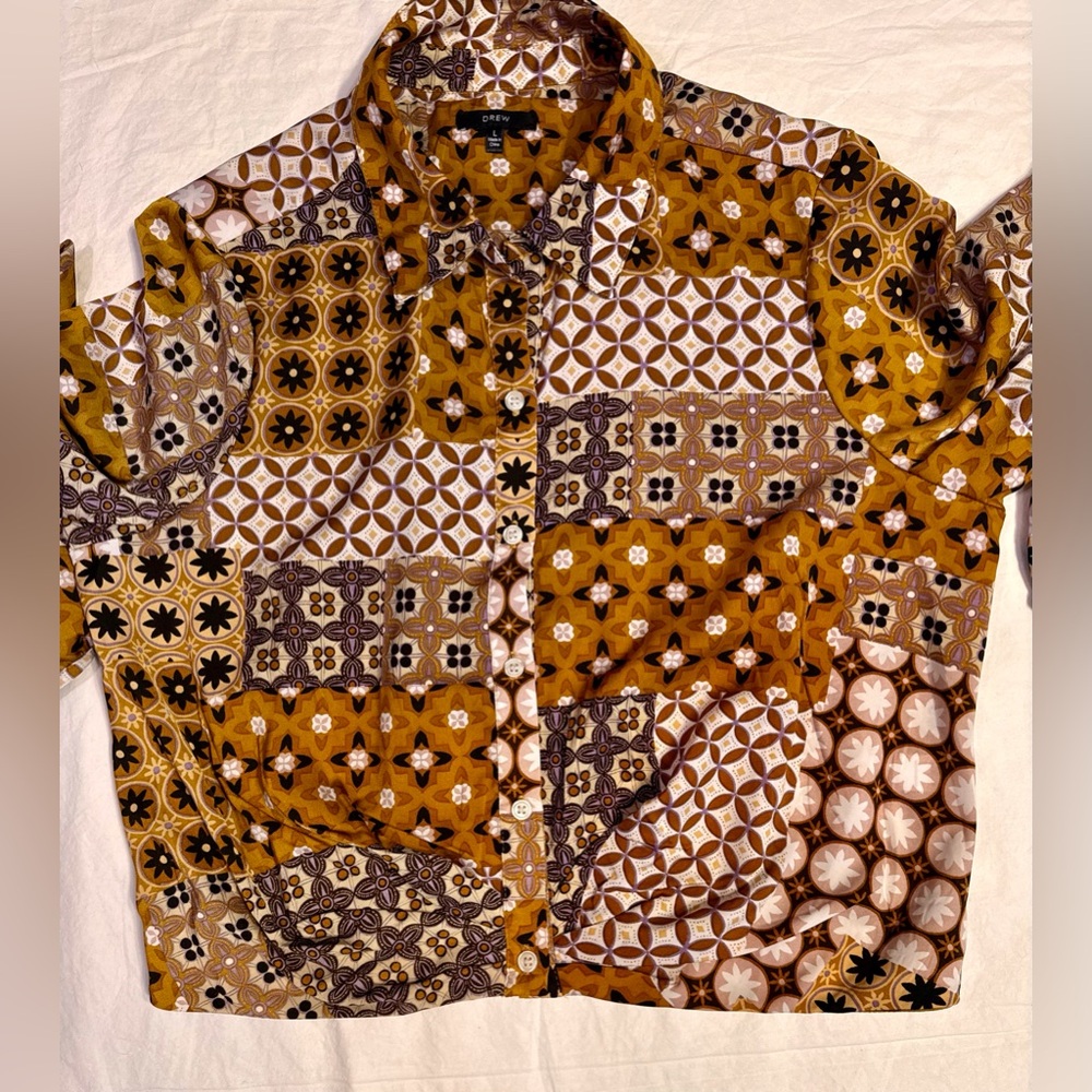 DREW Patchwork Print Gathered Front Button Up Blo… - image 7